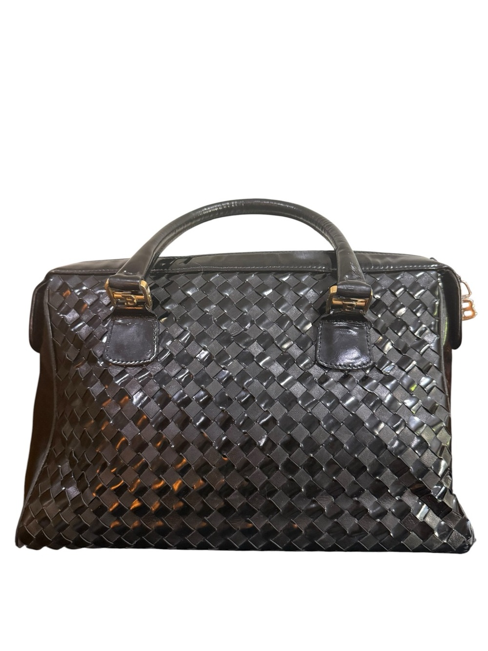 Vintage Bally Black Woven Leather Satchel Bag Gold Hardware Quiet Luxury Italy - Picture 3 of 14